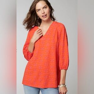 J JILL Women's M Orange Pink Embroidered Eyelet Floral Split Neck Boho Tunic Top